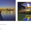 Two images from "Miami At Night" by Schiffer Publishing, Ltd.: Left, a twilight city skyline reflected in water beneath a shadowy overpass. Right, a brightly lit modern stadium with a curved roof, mirrored in water at night—ideal for cityscape photography lovers.