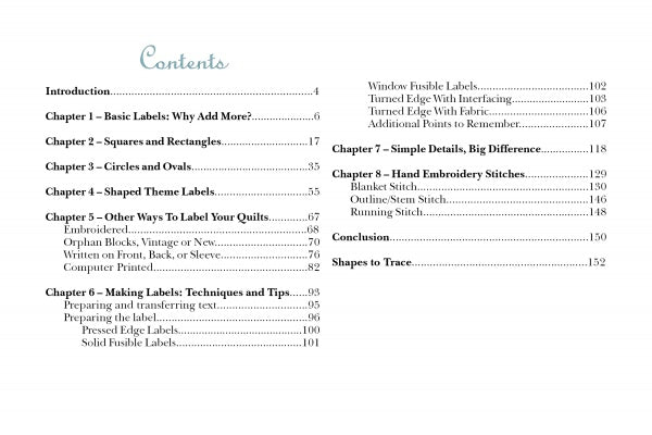The table of contents for "Let's Get Creative With Quilt Labels" by Schiffer Publishing, Ltd. lists chapters on quilt labels, quilting techniques, shapes, hand-embroidered and fusible labels, edge with interfacing, and traceable shapes with page numbers.