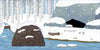 An illustration from "Who Is Hiding in the Forest?" by Schiffer Publishing, Ltd. shows a snowy birch forest with a stream, beaver lodge, and cave. The text asks, Who is hiding here? Snow blankets clever winter shelters throughout the scene.