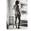 Inspired by Vivienne Maricevic, "She Shoots Men" by Schiffer Publishing, Ltd. features black and white male nude photography—a nude man indoors by a wooden stool, gazing through an open door at sunlit patio plants in an intimate moment.