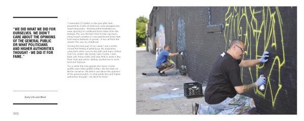 Two graffiti artists create street art on a black wall outdoors in daylight. One kneels close, with sunglasses and gloves, while the other works farther down. A block quote about graffiti and public opinion appears on the left. Product: 2Create by Schiffer Publishing, Ltd.