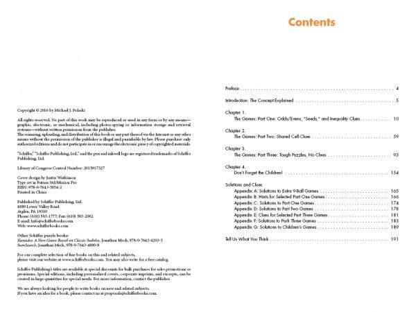 The image displays two pages from "Sweet 16" by Schiffer Publishing, Ltd. The left page contains copyright and publishing info, while the right page shows a table of contents with chapters on brain boosting math puzzles and number games.