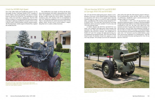 Two pages from "American Breechloading Mobile Artillery 1875-1953" by Schiffer Publishing, Ltd. show photos and details of a 3-inch mobile artillery gun near a house and a 155 mm howitzer set on grass beside buildings.
