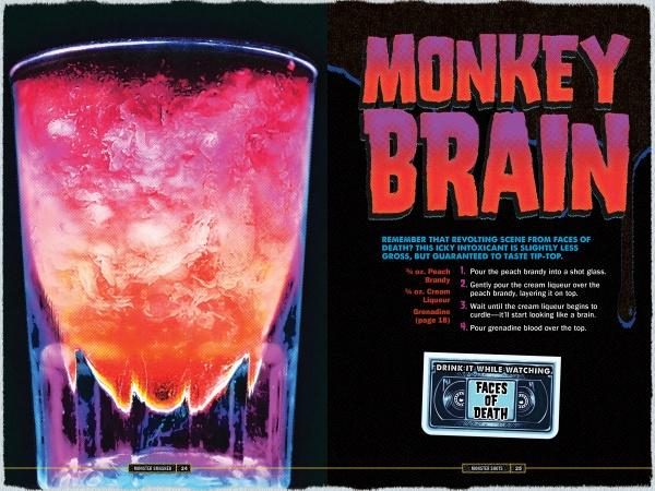 A vibrant cocktail with red and pink layers in a glass pops against a black background. Bold text reads LET'S GET MONSTER SMASHED, with the recipe below and a nod to Schiffer Publishing, Ltd.'s Halloween party drinks theme at the bottom.