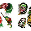 Classic Flash 3 by Schiffer Publishing, Ltd. features a vibrant collection of traditional Japanese-style tattoo flash, including a grasshopper, koi fish, tiger, turtle, dragon, peony, skull, snake, three-eyed mask, and cat face in bold outlines.