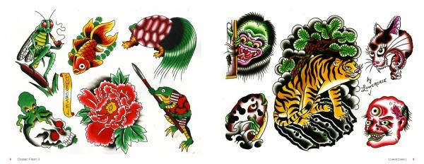 Classic Flash 3 by Schiffer Publishing, Ltd. features a vibrant collection of traditional Japanese-style tattoo flash, including a grasshopper, koi fish, tiger, turtle, dragon, peony, skull, snake, three-eyed mask, and cat face in bold outlines.