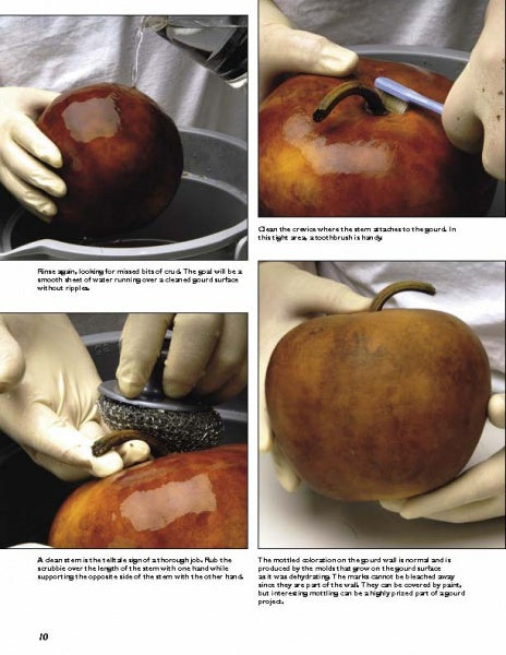 Four step-by-step images from "Gourd Art Basics" by Schiffer Publishing, Ltd. show gloved hands cleaning a brown gourd’s stem area with water, a toothbrush, and scrubber to remove debris—perfect preparation for crafts or gourd book projects.