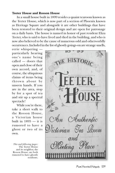 A black and white page from "Finding Ghosts in Phoenix" by Schiffer Publishing, Ltd. shows a vintage sign for The Historic Teeter House, with historical text above and tales of ghost stories shared by Arizona residents.