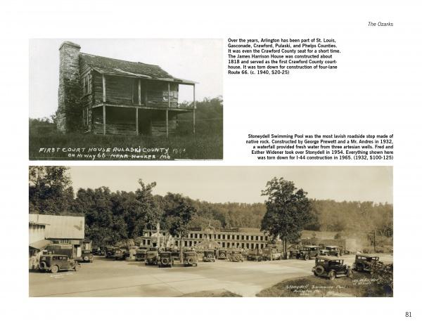 A black-and-white photo from "Route 66" by Schiffer Publishing, Ltd. shows an old log courthouse on a hill above a 1920s roadside stop along historic Route 66, with vintage cars and people outside a stone building amid Ozarks trees.