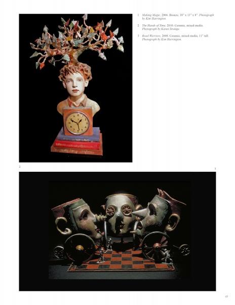 Top: A vibrant sculpture of a bust with a blooming tree head atop books and clock inspires in "Contemporary Sculptors" by Schiffer Publishing, Ltd. Bottom: Surreal chess scene with teapot and cup figures crafted from faces and wheels.
