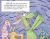 Larry the Lollipop Monster, a green furry creature, holds up a blue lollipop as three colorful monsters watch in a purple cave. "The Lollipop Monster Meets Clem the Klutz" by Schiffer Publishing, Ltd. features a cheerful message about forgiveness.