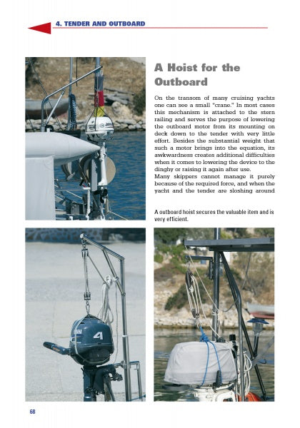 Three photos show a small outboard motor hoisted on a yacht’s stern by a metal crane, highlighting boating safety. Featured in “Sail and Motor Boats” from Schiffer Publishing, Ltd., the setup showcases smart on-board technology.