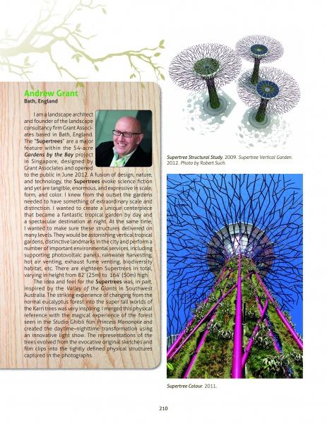 A magazine page for Schiffer Publishing, Ltd.'s "Green Art" shows Andrew Grant’s photo and bio on the left, with three photos of Singapore’s Supertree structures—including top-down and upward views—on the right.