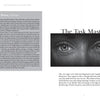 A book spread from Schiffer Publishing, Ltd.'s "The Empath and the Dark Road" features text titled The Power of Stone on the left page, and a large grayscale image of eyes, The Task Masters, the number 8, and a paragraph on emotional control on the right.