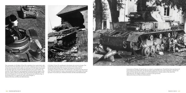 A two-page spread from Schiffer Publishing, Ltd.'s "Panzerkampfwagen IV" features three black-and-white WWII tank photos, including a damaged Panzer IV in rubble with soldiers present, plus historical context and descriptions.