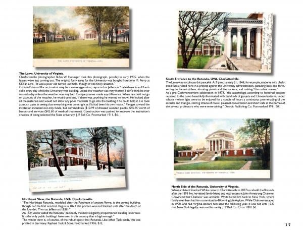 A page from "Greetings from Charlottesville, Virginia, and Albemarle County" by Schiffer Publishing, Ltd. shows four vintage postcards of UVA’s Rotunda and Lawn with captions highlighting seasonal views and unique perspectives.