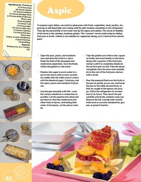 A page from Schiffer Publishing's "Creative Ideas for Garnishing & Decorating" shows a vibrant fruit aspic topped with berries on a pink tray, plus inset photos for plate garnish ideas and step-by-step preparation guidance.