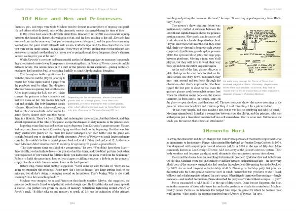Two pages from "Break Out" by Schiffer Publishing, Ltd. show columns of text, small images like Apple II screens and handwritten notes, and section titles—Of Mice and Men and Princesses and Memento Mori—exploring iconic games and video game history.