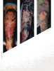 Three forearms with vibrant Japanese-style tattoos showing expressive faces and intricate details appear vertically against a white background, highlighting Japanese Style Tattoo Art by Schiffer Publishing, Ltd.