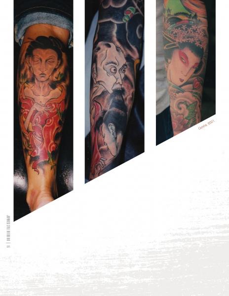 Three forearms with vibrant Japanese-style tattoos showing expressive faces and intricate details appear vertically against a white background, highlighting Japanese Style Tattoo Art by Schiffer Publishing, Ltd.