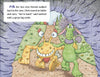 Two friendly monsters, yellow and green, walk arm in arm toward a cave. The yellow monster waves, the green one smiles. A text box shares from "The Lollipop Monster Meets Clem the Klutz" by Schiffer Publishing, Ltd., as Larry returns home.