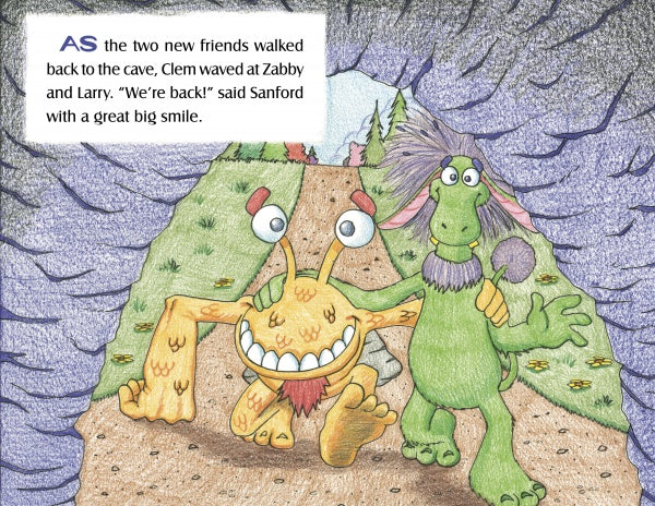 Two friendly monsters, yellow and green, walk arm in arm toward a cave. The yellow monster waves, the green one smiles. A text box shares from "The Lollipop Monster Meets Clem the Klutz" by Schiffer Publishing, Ltd., as Larry returns home.