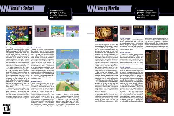 A magazine spread in The SNES Omnibus by Schiffer Publishing, Ltd. reviews SNES classics with screenshots, game covers, and columns detailing gameplay and publisher, each section labeled with bold, black-and-white headings.