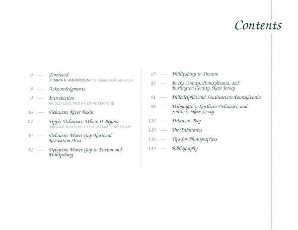 The table of contents for Delaware River Reflections by Schiffer Publishing, Ltd. lists chapters on the Delaware River and its regions, including the Delaware Water Gap. Section titles and page numbers appear in black on white, with "Contents" at the top right.
