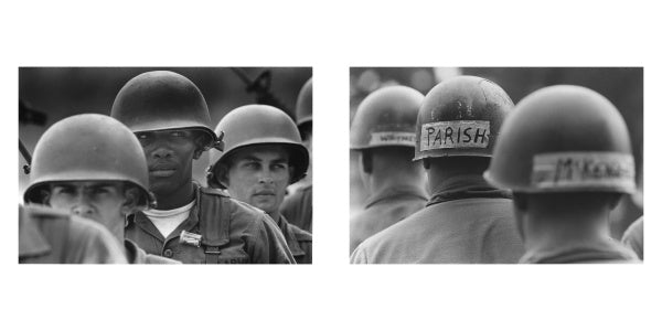 Black-and-white photos in Schiffer Publishing, Ltd.’s "Grunts" show soldiers in helmets during basic training—one facing forward, others with names such as PARISH and McKenna taped on their helmets—in this photojournalistic essay.