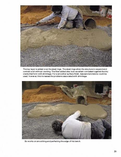 Someone shapes the surface of wet concrete for a bench on gravel, using their hands while a tipped bucket and materials are nearby—perfect inspiration for Schiffer Publishing, Ltd.'s "Sand Casting Concrete" step-by-step guide.