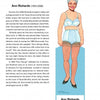 A full-body illustration of Ann Richards in lingerie stands beside a short bio of her as Texas Governor, styled like Tom Tierney’s Texas women paper dolls, from "Famous Texas Women" by Schiffer Publishing, Ltd.