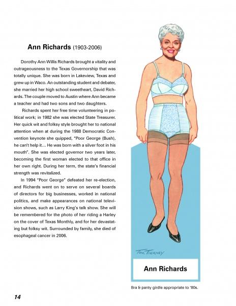 A full-body illustration of Ann Richards in lingerie stands beside a short bio of her as Texas Governor, styled like Tom Tierney’s Texas women paper dolls, from "Famous Texas Women" by Schiffer Publishing, Ltd.