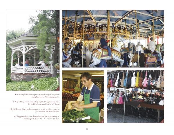 A collage from Schiffer Publishing, Ltd. captures Bucks County, Pennsylvania’s charm with a white garden gazebo, colorful carousel horses, a man weighing produce, and assorted handbags at a historic local market.