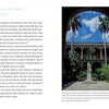 A two-page spread from "Cuba's Evolution" by Schiffer Publishing, Ltd.: The left page covers Cuban history; the right shows three photos—an arched colonial courtyard with palms, a colonial-style house, and a white picket fence with palms in Havana.