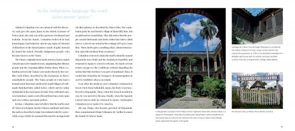 A two-page spread from "Cuba's Evolution" by Schiffer Publishing, Ltd.: The left page covers Cuban history; the right shows three photos—an arched colonial courtyard with palms, a colonial-style house, and a white picket fence with palms in Havana.