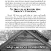 A black and white book page from Strange New Hampshire (Schiffer Publishing, Ltd.) features “The Mystery of Mystery Hill: America’s Stonehenge” above a photo of a rustic sign reading “Welcome to America’s Stonehenge.”.
