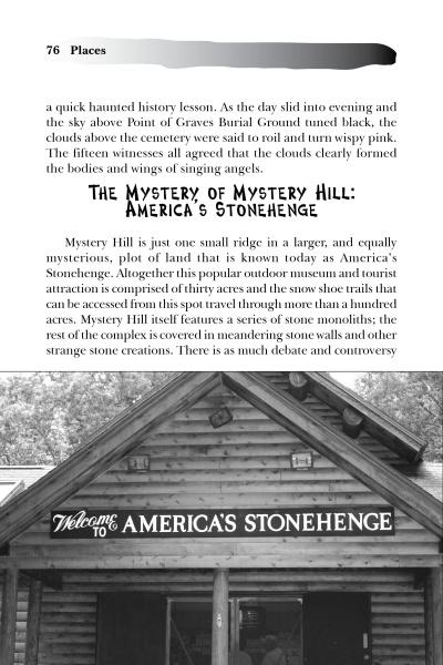 A black and white book page from Strange New Hampshire (Schiffer Publishing, Ltd.) features “The Mystery of Mystery Hill: America’s Stonehenge” above a photo of a rustic sign reading “Welcome to America’s Stonehenge.”.