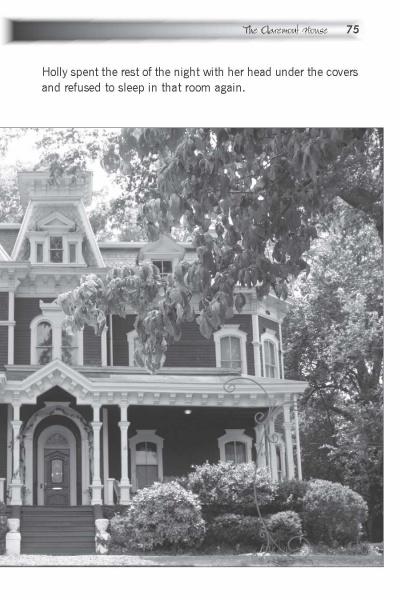 Black-and-white photo of a grand Victorian house with ornate trim, surrounded by greenery. Text describes Holly hiding after a chilling Atlanta ghost story, as featured in "Haunted History" by Schiffer Publishing, Ltd.