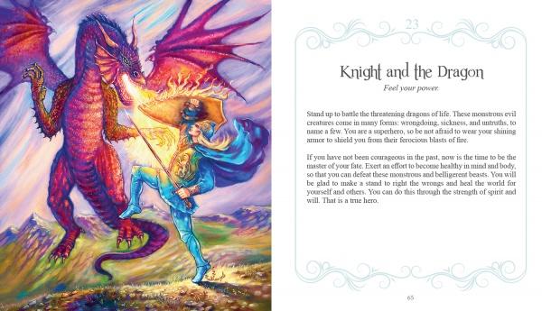 A knight with shield and sword faces a fierce dragon amid vibrant colors. On the right, “Inspirational Visions Oracle Cards” by Schiffer Publishing, Ltd. invites self-discovery through courage and adventure.