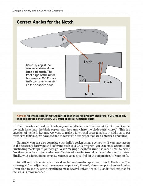 A diagram in "The Lockback Folding Knife" by Schiffer Publishing, Ltd. labels the latch, notch, and blade angles. Below, text explains correct notch angles for knifemaking, with extra advice provided in a highlighted box.