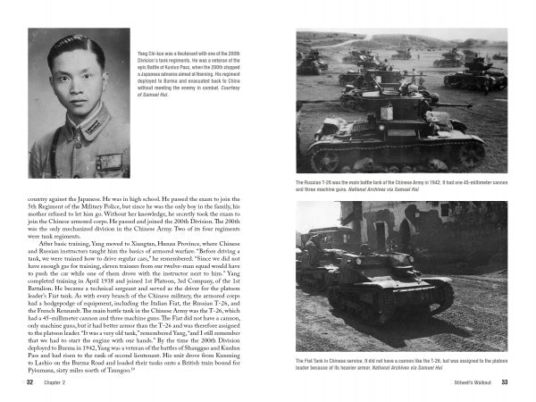 A black-and-white book spread from "Famine, Sword, and Fire" by Schiffer Publishing, Ltd. shows a Chinese military officer's portrait and two photos of Chinese Army T-26 tanks at the Salween River battle, each with descriptive captions.