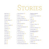 The table of contents in Reasons to Smile by Schiffer Publishing, Ltd. lists 40 inspiring stories—including Adele’s Story, Sibling Bond, Harvey, A Letter to Myself, and Tears—spotlighting resilience and Down syndrome in a four-column format with page numbers.
