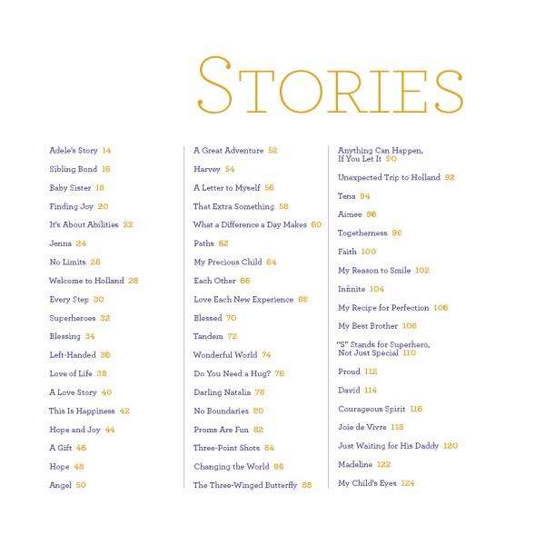 The table of contents in Reasons to Smile by Schiffer Publishing, Ltd. lists 40 inspiring stories—including Adele’s Story, Sibling Bond, Harvey, A Letter to Myself, and Tears—spotlighting resilience and Down syndrome in a four-column format with page numbers.