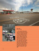 A vintage gas station and café with a neon sign stands by Route 66’s desert, featuring an iconic landmark. An inset shows Roy’s Café in Amboy, CA. From *Southern California Eats* by Schiffer Publishing, Ltd.