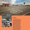 A vintage gas station and café with a neon sign stands by Route 66’s desert, featuring an iconic landmark. An inset shows Roy’s Café in Amboy, CA. From *Southern California Eats* by Schiffer Publishing, Ltd.