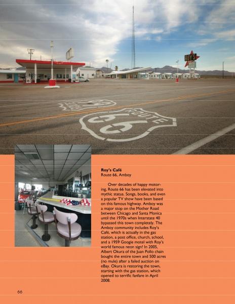 A vintage gas station and café with a neon sign stands by Route 66’s desert, featuring an iconic landmark. An inset shows Roy’s Café in Amboy, CA. From *Southern California Eats* by Schiffer Publishing, Ltd.