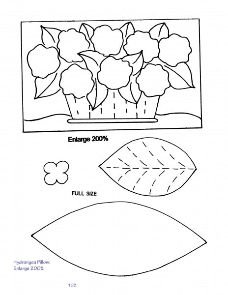 Hooked Rugs & Wool Applique by Schiffer Publishing, Ltd. features line drawings of hydrangea flowers in a vase, plus four-petal flower, leaf with stitch lines, and large leaf patterns. Instructions advise enlarging by 200%. Perfect for wool applique projects.
