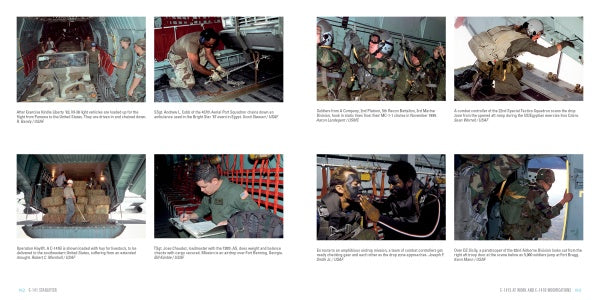 A collage of eight photos from Schiffer Publishing, Ltd. features Air Force personnel working with equipment, cargo, and parachutes inside and around the C-141 Starlifter transport plane during military operations.