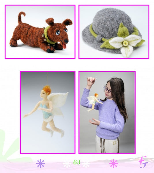 A collage of four needle felted creations—a brown dog, gray hat with white flower, winged fairy, and girl in glasses with a tiny fairy—appears in "Making Simple Felted Jewelry" by Schiffer Publishing, Ltd., featured on page 63.