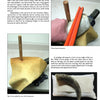 A page from Schiffer Publishing, Ltd.’s "Powder Horns" shows three images—horn held upright on a wooden post with files, horn tip in padded vise, and horn on shelf liner—ideal for learning powder horn making and scrimshaw techniques.